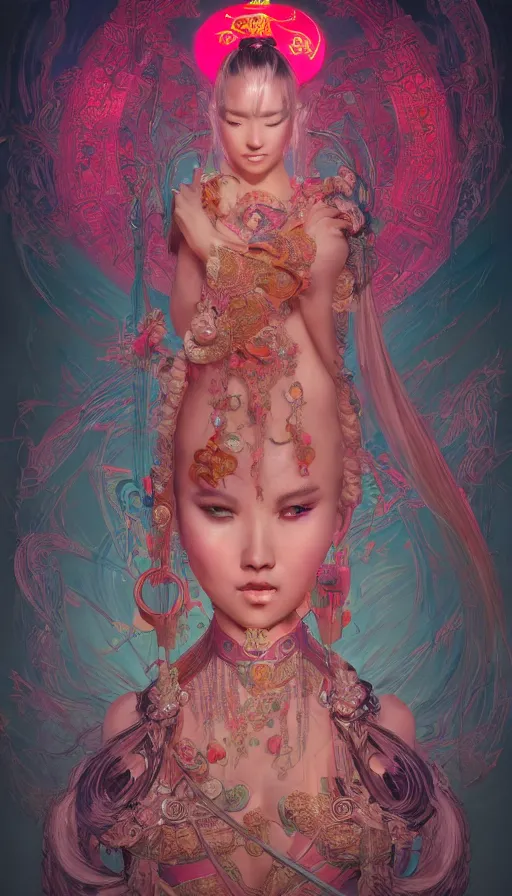 Image similar to mythology, neon, Female Ancient China Dance Vol 01 - Reference Pictures artstation, fibonacci, sweat drops, insane, pinup, intricate, highly detailed, digital painting, artstation, concept art, smooth, sharp focus, illustration, Unreal Engine 5, 8K, art by artgerm and greg rutkowski and alphonse mucha