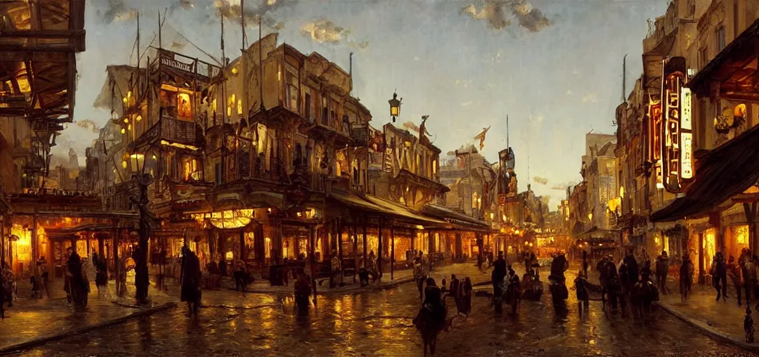 Prompt: from a movie scene, painting of a western saloon exterior in old town, greek architecture, bright lights, andreas achenbach, cinematic wide shot