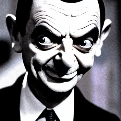 Image similar to mr. bean as wednesday from the adams family. movie still. cinematic lighting.