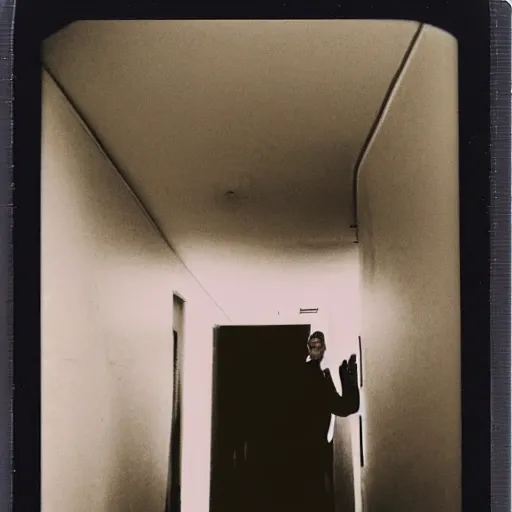 Prompt: A creepy polaroid of Obama chasing you in a narrow hallway