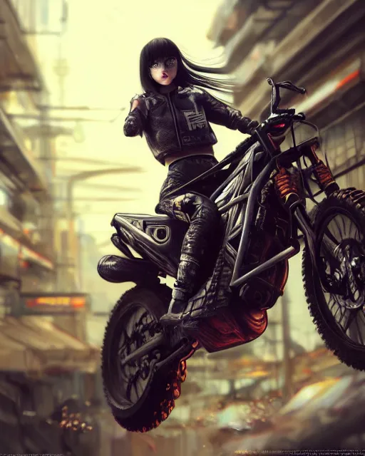 Image similar to cool girl wearing cyberpunk intricate streetwear riding dirt bike, beautiful, detailed portrait, cell shaded, 4 k, concept art, by wlop, ilya kuvshinov, artgerm, krenz cushart, greg rutkowski, pixiv. cinematic dramatic atmosphere, sharp focus, volumetric lighting, cinematic lighting, studio quality