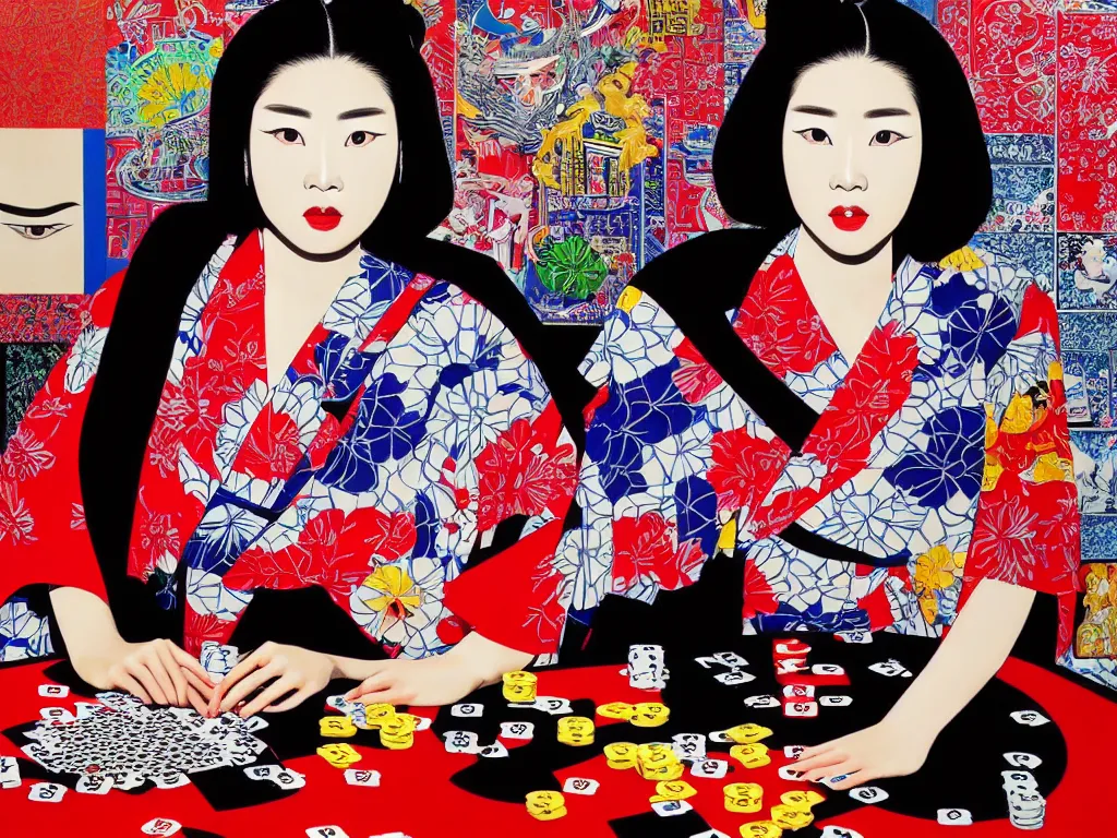 Image similar to hyperrealism composition of the detailed woman in a japanese kimono sitting at an extremely detailed poker table with darth vader, fireworks and folding screen on the background, pop - art style, jacky tsai style, andy warhol style, acrylic on canvas