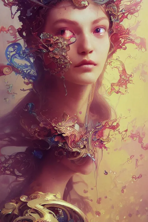 Prompt: face closeup of beautiful girl in intricate detailed color smashing fluid oilpaint, 3 d render, hyper realistic detailed portrait, color leaves, melting wax, ornate headpiece, broken mirror, ruan jia, wlop. scifi, fantasy, hyper detailed, octane render, concept art, by peter mohrbacher, by alphonse mucha, by wlop, by ruan jia