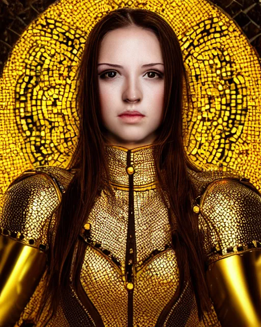 Prompt: mosaic portrait of woman in shining golden armor, high production value, intricate details, high resolution, hdr, high definition, masterpiece, realistic, ultrarealistic, highly detailed, hd, sharp focus, non blurry, sharp, smooth
