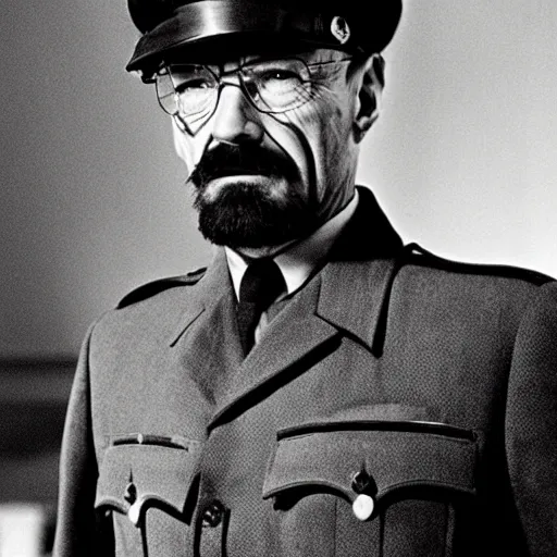 Image similar to Walter White as a 1940s German Officer, serious, Noir, fog, Intense detail, sharp focus, movie still, lighting,