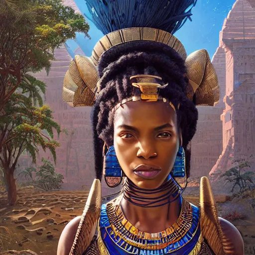 Image similar to highly detailed portrait of an african egyptian goddess, intricate alien technology, stephen bliss, unreal engine, fantasy art by greg rutkowski, loish, rhads, ferdinand knab, makoto shinkai and lois van baarle, ilya kuvshinov, rossdraws, tom bagshaw, global illumination, radiant light, detailed and intricate environment