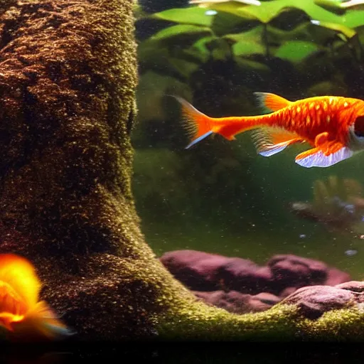 Image similar to a video frame from a nature film about the secret life of pet goldfish, ultra realistic, high definition