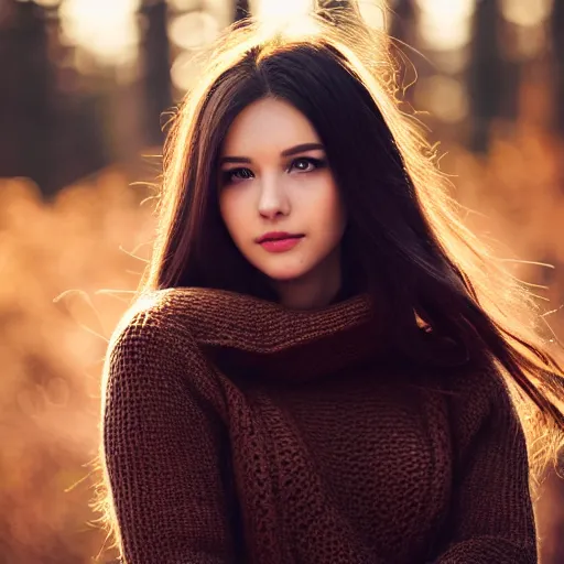 Prompt: real life photo of a beautiful girl, full body photo shoot, long black hair, brown eyes, full round face, short smile, brown sweater, forest setting, cinematic lightning, medium shot, mid - shot, highly detailed, trending on artstation, unreal engine 4 k, 8 0 mm, 8 5 mm, cinematic wallpaper