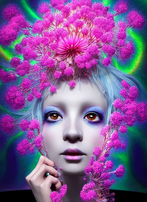 Prompt: hyper detailed 3d render like a Oil painting - kawaii portrait Aurora (white haired Singer Mantis) seen Eating of the Strangling network of yellowcake aerochrome and milky Fruit and Her delicate Hands hold of gossamer polyp blossoms bring iridescent fungal flowers whose spores black the foolish stars by Jacek Yerka, Mariusz Lewandowski, Houdini algorithmic generative render, Abstract brush strokes, Masterpiece, Edward Hopper and James Gilleard, Zdzislaw Beksinski, Mark Ryden, Wolfgang Lettl, hints of Yayoi Kasuma, octane render, 8k