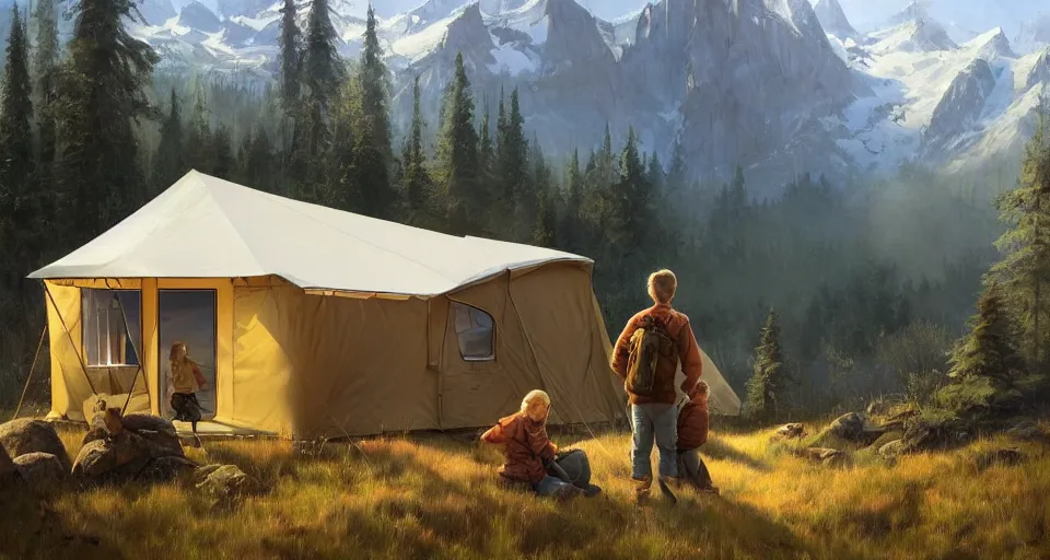 Prompt: cabela's beautiful comfortable self contained modular insulated wall container home kit - house all weather family dwelling tent house, person in foreground, mountainous forested wilderness open fields, beautiful views, painterly concept art, environmental concept art, concept art illustration, by james gurney, by craig mullins, by greg rutkowski trending on artstation