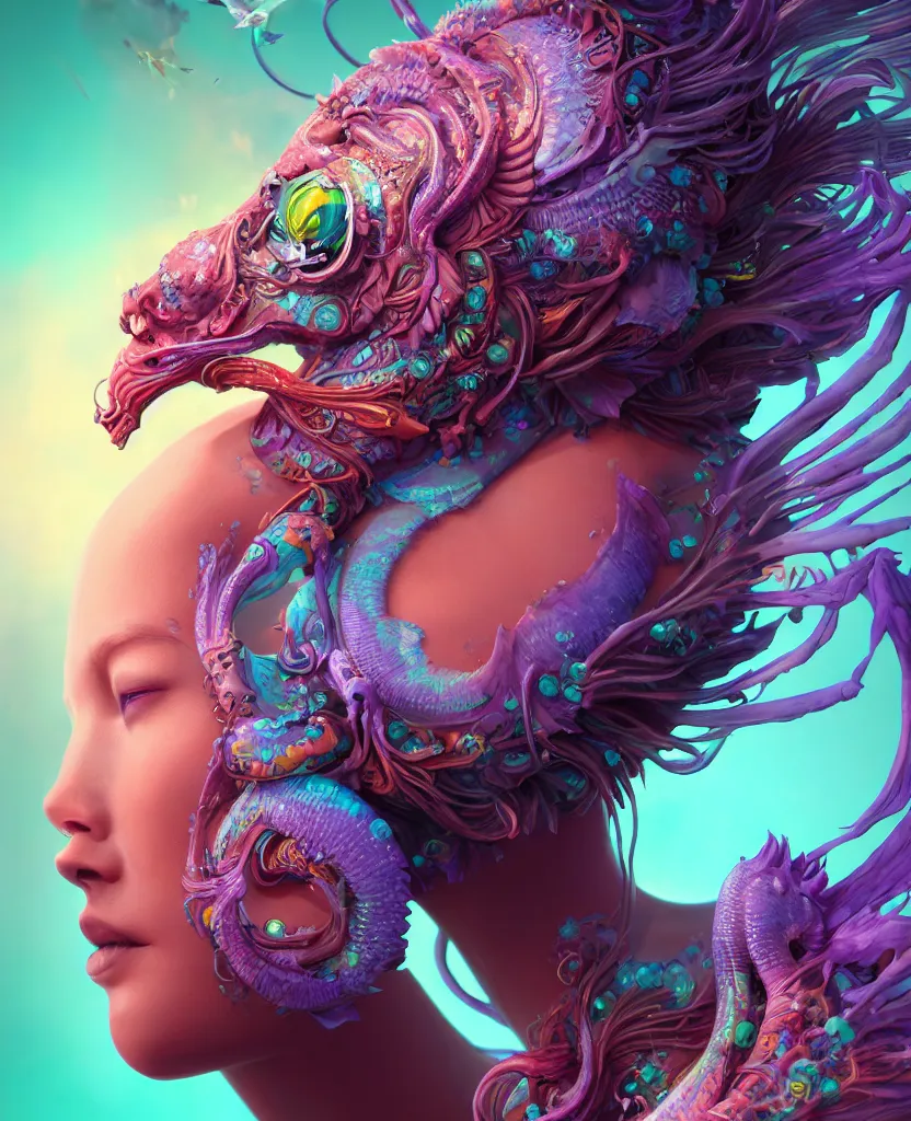 Image similar to goddess full color painted acryllic sculpture close-up portrait. orchid bird phoenix head, nautilus, skull, betta fish, bioluminiscent creatures, intricate artwork by Tooth Wu and wlop and beeple. octane render, trending on artstation, greg rutkowski very coherent symmetrical artwork. cinematic, hyper realism, high detail, octane render, 8k