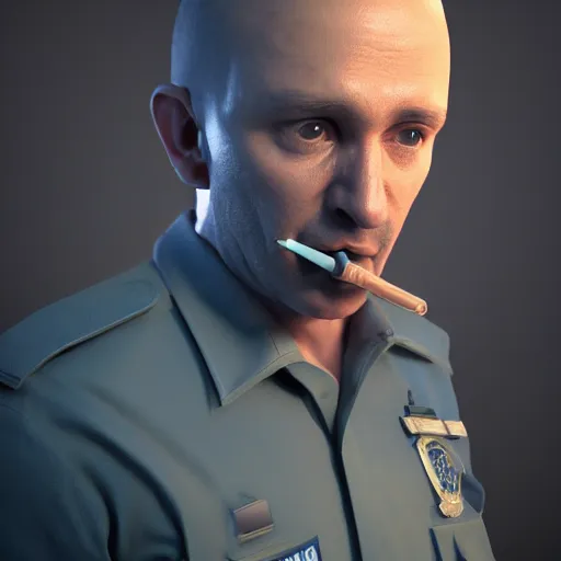 Image similar to policeman smoking joint, octane render, V-Ray, 8k, trending on ArtStation,