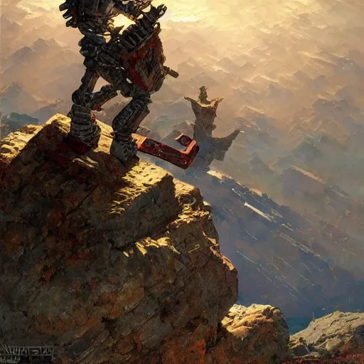 Image similar to robotic warrior standing on top of a mountain with a beautiful cosmic background by by norman rockwell, jack kirby, bergey, craig mullins, ruan jia, jeremy mann, tom lovell, deviantart, cgsociety, trending on artstation, award winning, 8 k resolution, sharp focus