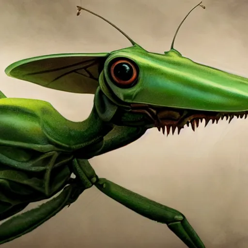 Image similar to mid - shot portrait of green anthropomorphic mantis religiosa ; hard predatory look ; concept art ; artstation ; 8 k ; wallpapers ; heavy contrast ; cinematic art ; cgsociety ; art by greg rutkowski and artgerm