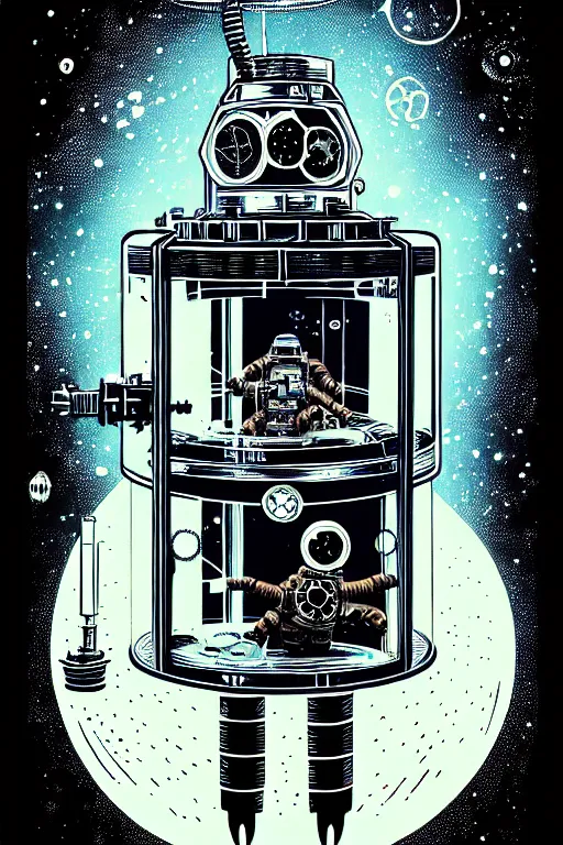 Image similar to steampunk cryo chamber containing an astronaut, high details, intricately detailed, by vincent di fate, inking, 3 color screen print, masterpiece, trending on artstation,, sharp, details, hyper - detailed, hd, 4 k, 8 k