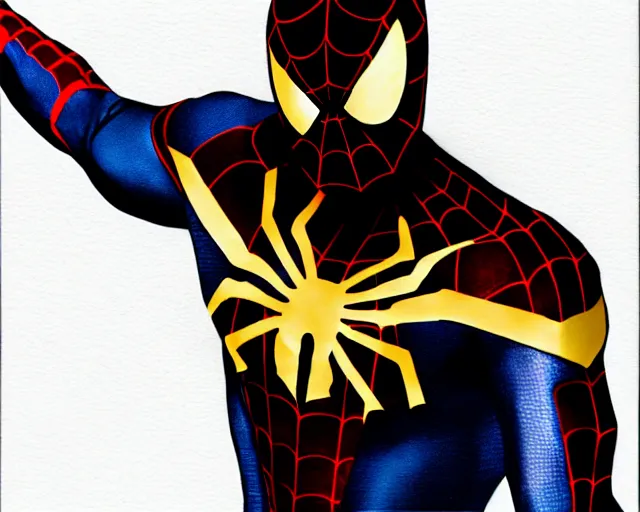 Image similar to photorealistic sketch of black spider - man with gold webbing