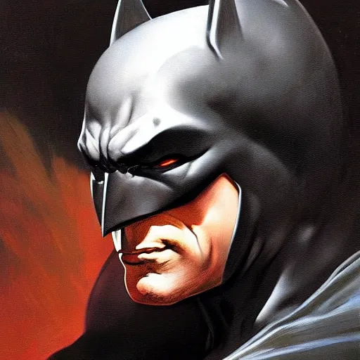 Image similar to An ultra-realistic portrait painting of Batman in the style of Frank Frazetta. 4K. Ultra-realistic. Highly detailed. Dark fantasy. Epic lighting.