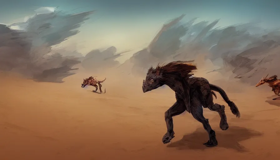 Prompt: concept art of beast running across the open desert, jama jurabaev, trending on artstation, high quality, brush stroke