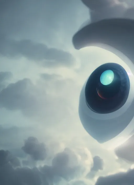 Image similar to eye in the clouds, style of Feng Zhu, Artstation, unique features, volumetric lighting, detailed, octane render, cinematic, 8k, retro sci fi film,