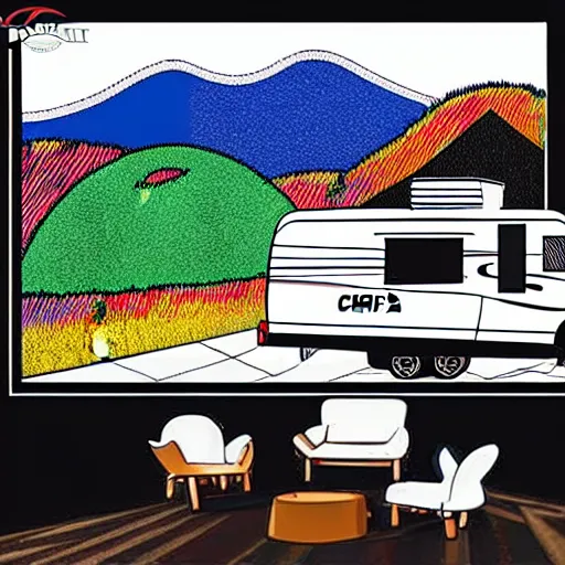 Image similar to white and black cute thor chateau motorhome camper, highway, mountains and sunset!!, everything enclosed in a circle, happy, professional colorful etching illustration, logo