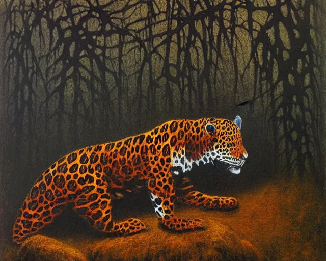 Image similar to Beksinski painting. Jaguar in a dark misty jungle, painted by Beksinski