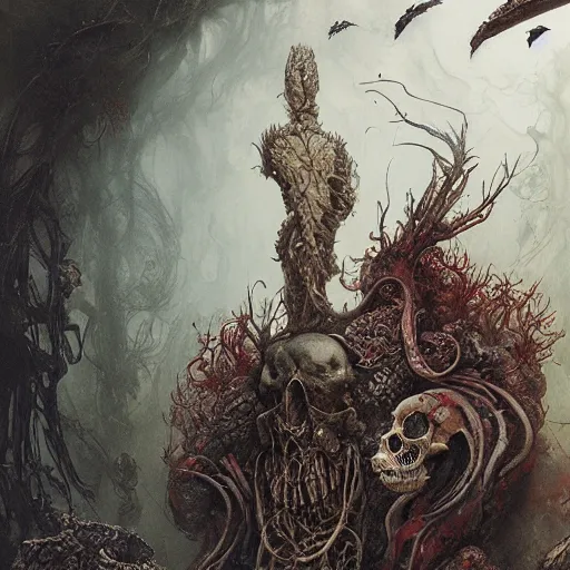 Prompt: Ellen Jewett, beautiful blood bath and skulls, snakes,gustave dore, ferdinand knab, Beksinski, vivid colors