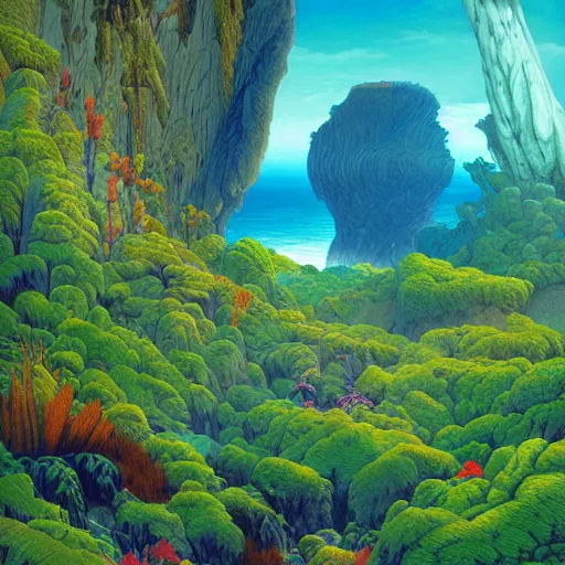 Image similar to digital painting of a lush natural scene on an alien planet by gerald brom. ultra sharp high quality digital render. detailed. beautiful landscape. colourful weird vegetation. cliffs and water.