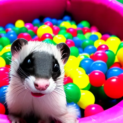 Prompt: ferret with clown makeup, in a ball pit