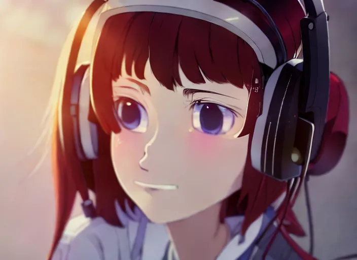 Image similar to a film still portrait of a white long hair red eyed young cute girl wearing a headset in a room interior, closeup, perfect art, gapmoe, trending on pixiv fanbox, painted by makoto shinkai takashi takeuchi studio gibli yoh yoshinari, kuvshinov ilya, 4 k