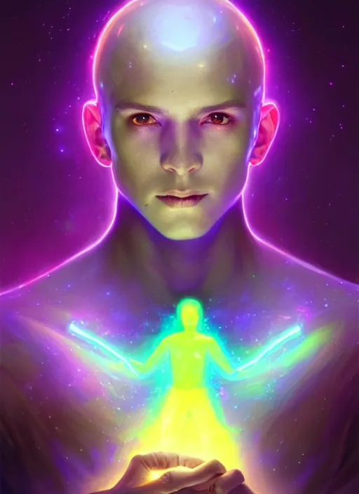 Image similar to a male faceless glowing liquefied stardust adventurer, dnd fantasy character, full body portrait, glowing neon skin, magical aura, ultra realistic, intricate, elegant, highly detailed, digital painting, artstation, smooth, sharp, focus, illustration, art by artgerm and greg rutkowski and alphonse mucha and alex grey