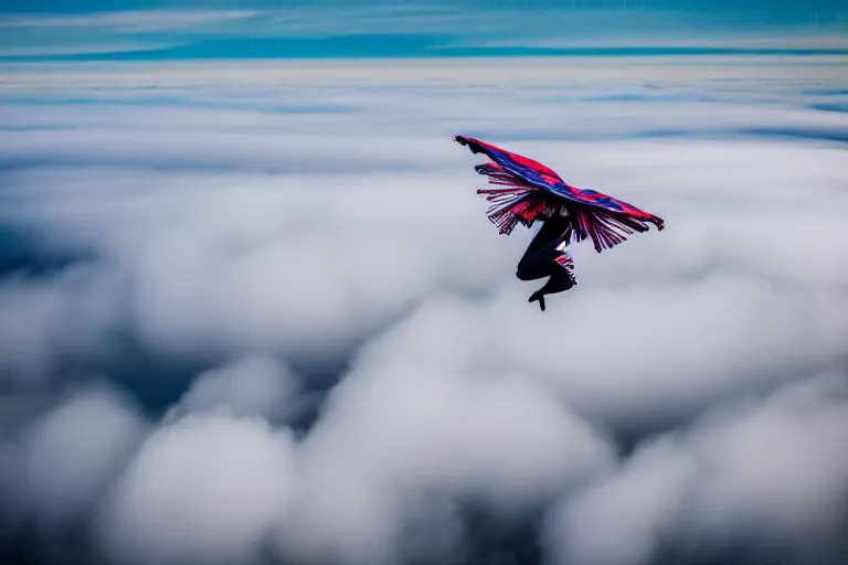 Image similar to photograph of a haute couture model flying through clouds, aerial view. photography by julia hetta, cinematic, elegant, real dlsr photography, sharp focus, 4 k, ultra hd, sense of awe