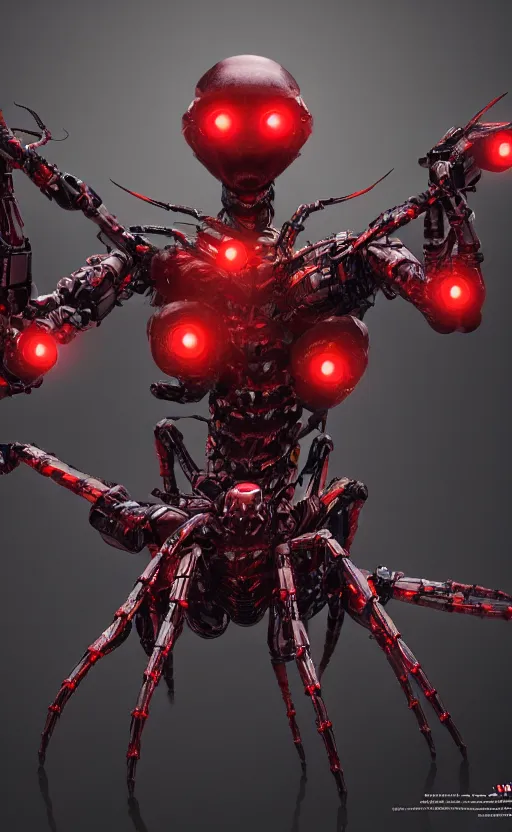 Image similar to a robot humanoid spider with 4 arms with claws, glowing red eyes, in a black carbon and red fiber armor, smiling creepily, dynamic lighting, photorealistic fantasy concept art, trending on art station, stunning visuals, creative, cinematic, ultra detailed