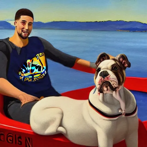 Image similar to klay thompson on a boat with his bulldog, by georgia o'keefe, by mark rothko