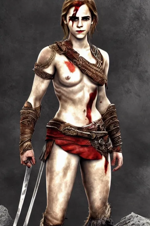 Image similar to Emma Watson as Kratos, brutal, detailed realistic, photorealistic, full body