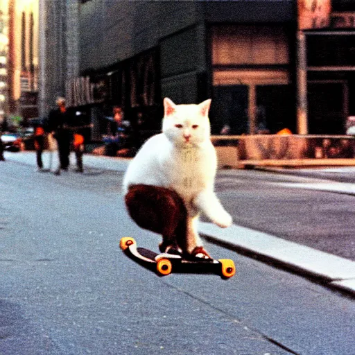 Image similar to leica s photograph, kodachrome film, subject is a white furry cat riding on a skateboard that is rolling down broadway in nyc