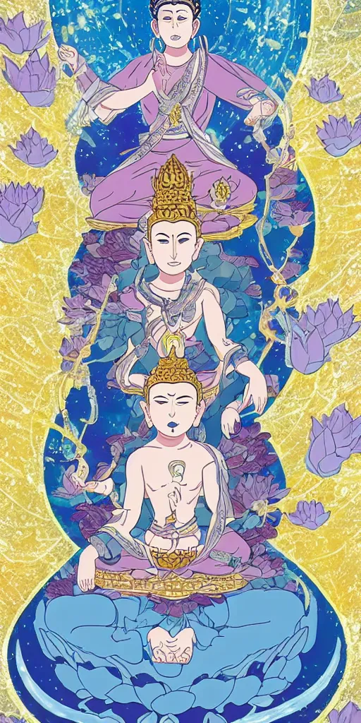 Image similar to buddha sitting on a throne of ice surrounded by lotus flowers drawn by studio trigger, in the style of Little Witch Academia, spiritual enlightenment, tarot card, Tarot card the Hierophant,