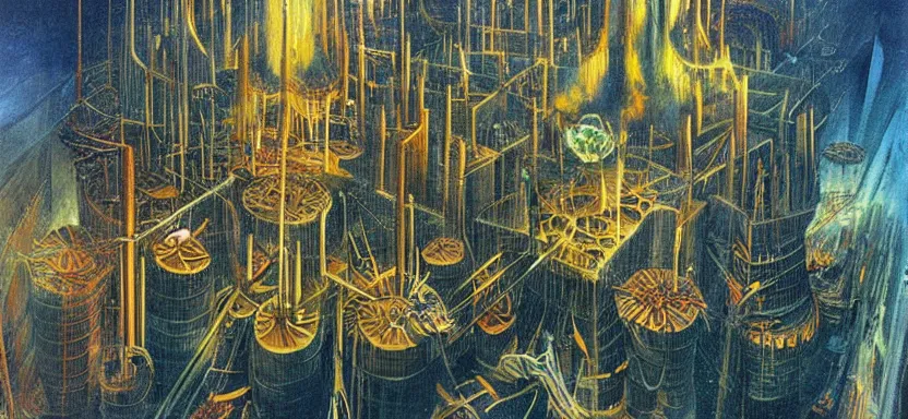 Prompt: beautiful masterpiece painting of a futuristic city under the sea, cyberpunk, by Remedios Varo 8k,