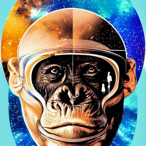 Image similar to double exposure portrait of astronaut and a chimpanzee astronaut with space and time in the the background by davinci, circles, psychedelic, pencil art, high definition, dynamic lighting stars, sharpness, golden ratio