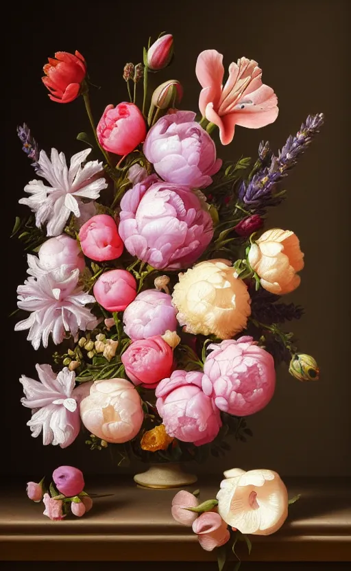 Prompt: still life of flowers, dutch painting, old masters, in the style of rachel ruysch, complex 3 d render, ultra detailed, 8 5 mm lens, refined, high definition, pink blossoms, snowbells, lavender, lily, peonies, roses, foliage, red berries, marigold