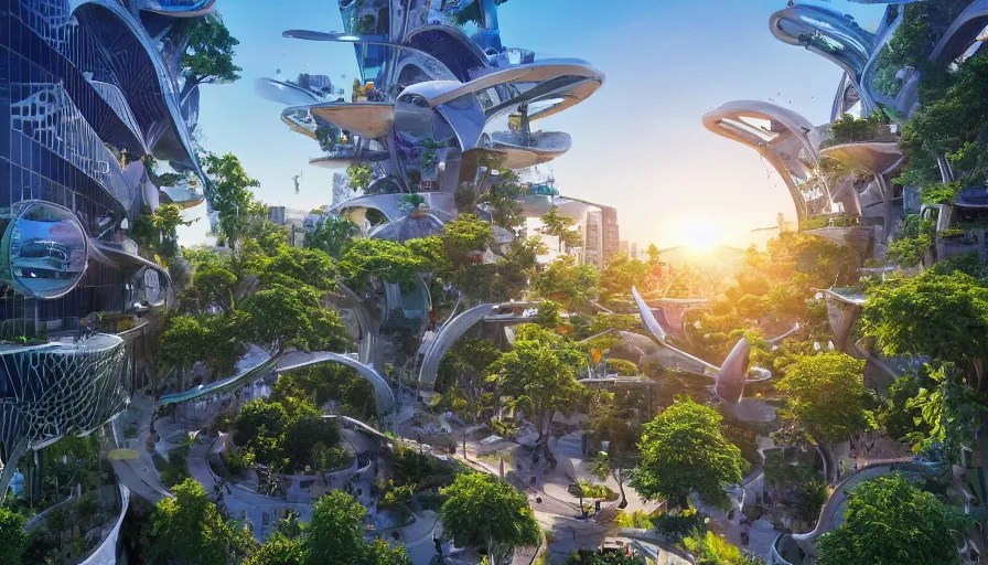 prompthunt: Sunrise over solarpunk city, vines, many trees and plants,  futuristic flying vehicles and drones, archdaily, architectural digest,  busy streets filled with people, sun rays, colorful blooming flowers,  vertical gardens, utopia, beautiful