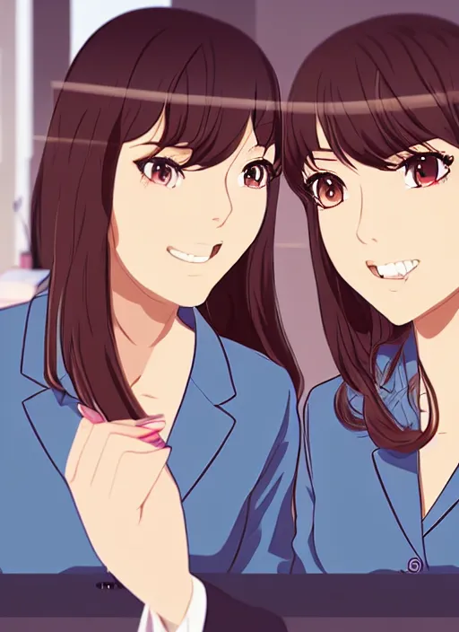 Image similar to a mirror selfie of two beautiful office ladies, gorgeous faces, thick lines, cinematic lighting, detailed anime art