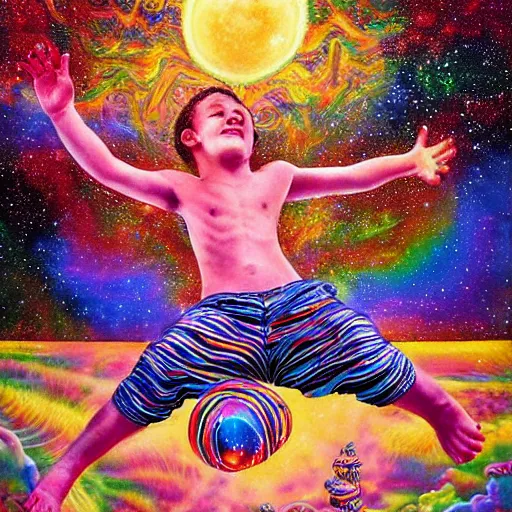 Prompt: a hyperrealistic detailed high painting with many complex textures of a boy playing and jumping, just being happy and free in the cosmos, cosmic surreal psychedelic magic realism spiritual art