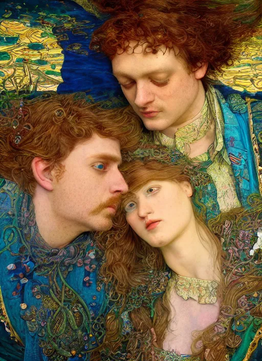 Prompt: detailed colourful masterpiece of intricate preraphaelite photography couple portrait sat down extreme closeup, love, inside an underwater train, detailed realistic expressions, wearing unusual clothes, by ford madox brown and william powell frith and moebius and kilian eng and frederic leighton and john william waterhouse and greg hildebrandt and william morris, ultra wide angle