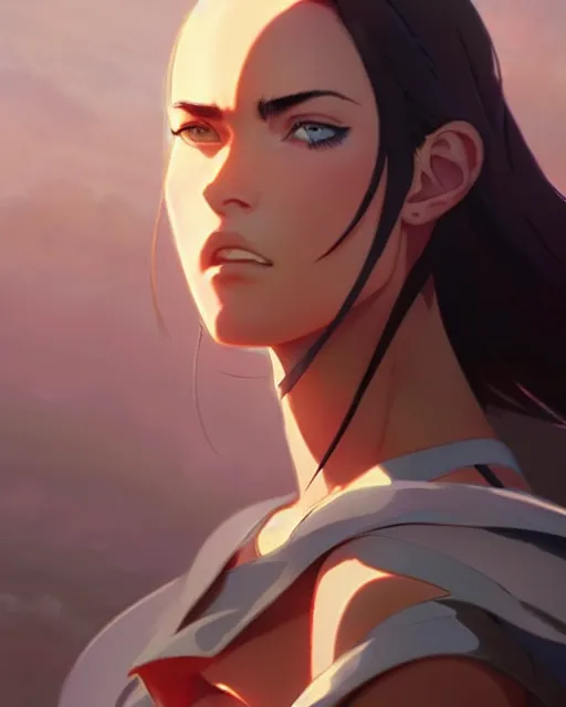 Image similar to azctec warrior, megan fox, detailed perfect face, exquisite details, fire magic, by studio muti, greg rutkowski makoto shinkai takashi takeuchi studio ghibli