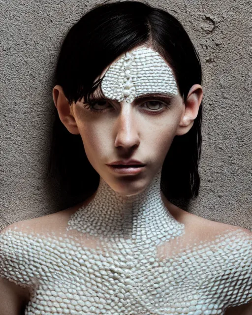 Prompt: beautiful pale black haired freckled model wearing a risque outfit made from rubber bands, half body portrait, greg kutkowski, sharp details, soft lighting, subsurface scattering, pearls of sweat, glistening skin, warm lighting