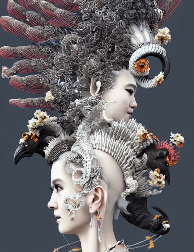 Image similar to 3 d goddess close - up profile simple portrait baroque queen with mohawk with ram skull. beautiful intricately detailed japanese crow kitsune mask and clasical japanese kimono. betta fish, jellyfish phoenix, bio luminescent, plasma, ice, water, wind, creature, artwork by tooth wu and wlop and beeple and greg rutkowski