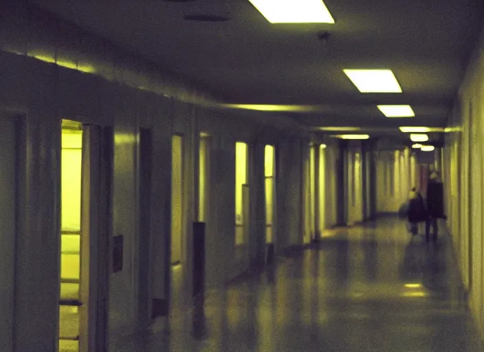 Image similar to a school corridor at night, night time, after hours, low light