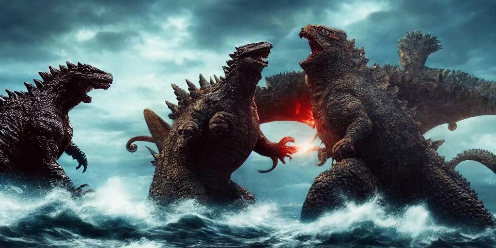 Prompt: epic battle scene Godzilla versus the Kraken, the last stand, Epic Background, in the ocean, highly detailed, sharp focus, 8k, 35mm, cinematic lighting