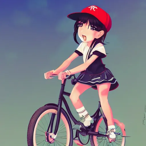 Prompt: young anime girl wearing a baseball hat, ponytail, riding a bike, sunny day, beautiful illustration, art by rossdraws, artgerm, trending on artstation.