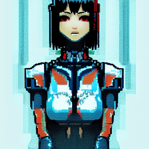 Prompt: A pixel art of a cyberpunk cyborg girl with big and cute eyes, fine-face, realistic shaded perfect face, fine details. Very anime style. Realistic shaded lighting poster by Ilya Kuvshinov katsuhiro, magali villeneuve, artgerm, Jeremy Lipkin and Michael Garmash, Rob Rey and Kentarõ Miura style, trending on art station